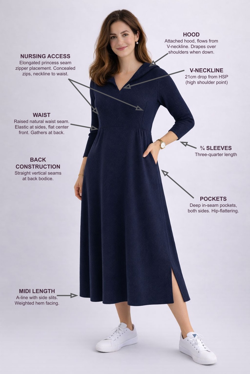 Annotated dress features showing hidden zippers, hood design, and other details